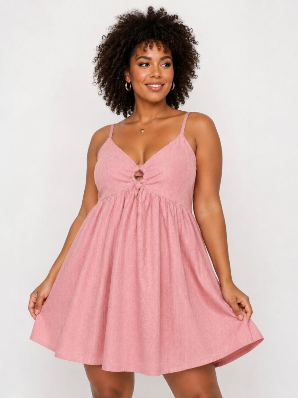 Pink Eyelet Babydoll Sundress Plus Size | Cottagecore Coquette Mini Dress